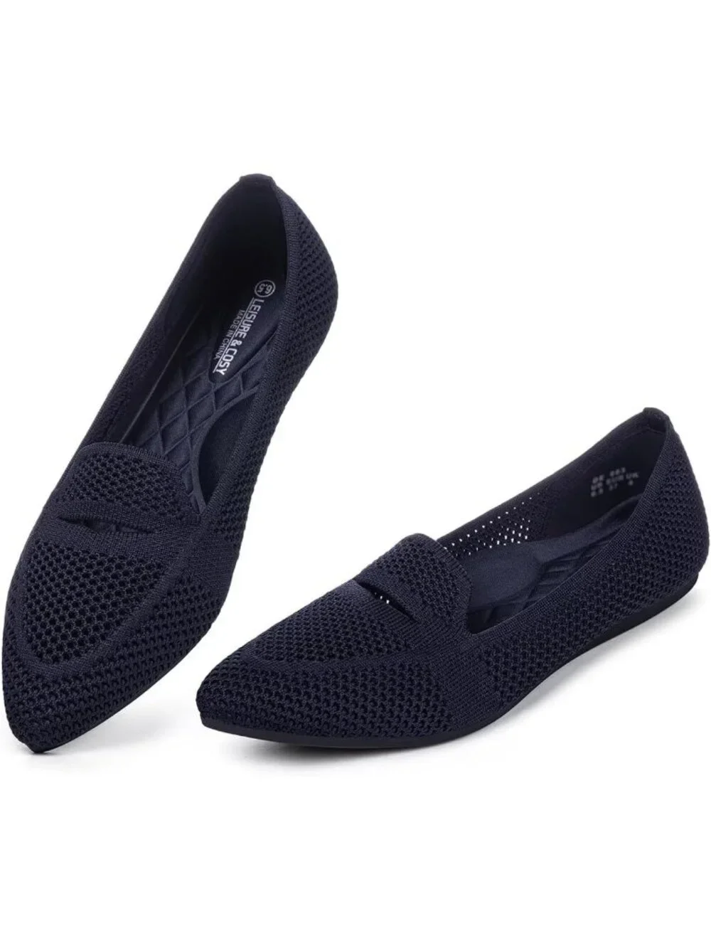 Women's Navy Blue Pointed Toe Penny Ballet Knit Mesh Slip On Flat Loafer Shoes